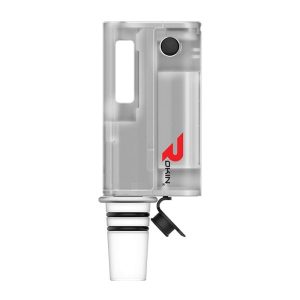 A clear, rectangular device with a red "ROKIN" logo and a black button, attached to a glass adapter.