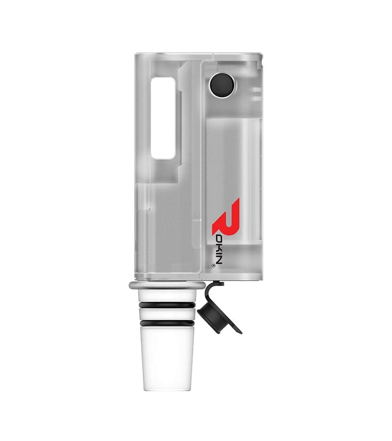 A clear, rectangular device with a red "ROKIN" logo and a black button, attached to a glass adapter.
