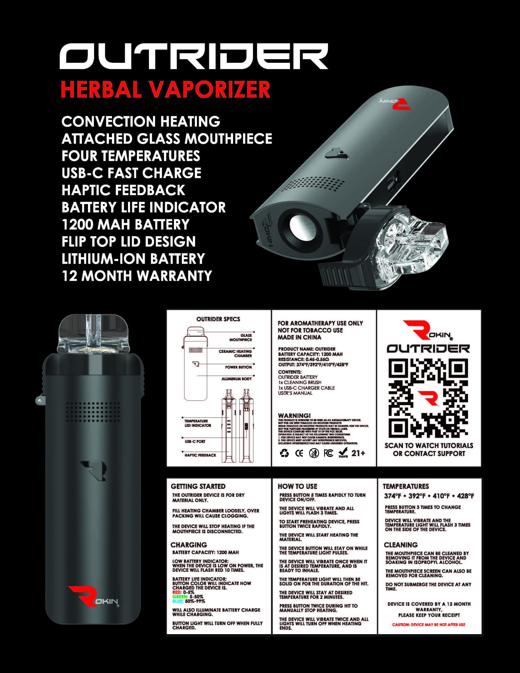 A black "OUTRIDER HERBAL VAPORIZER" with a clear glass mouthpiece, specifications, and instructions.