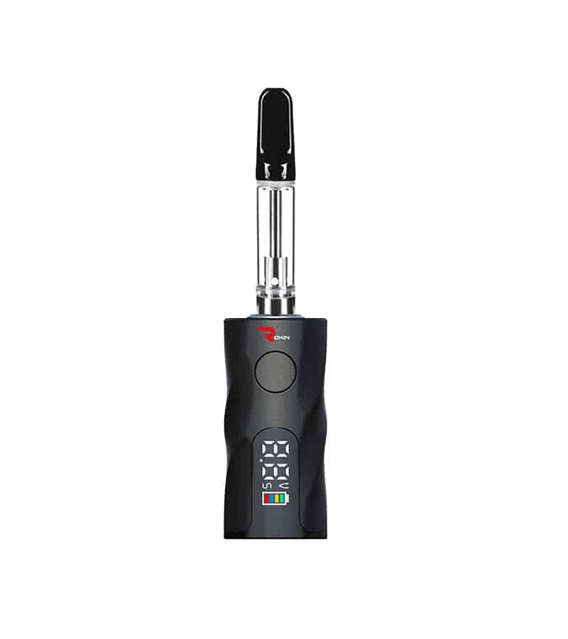 A black vape pen with a clear cartridge, black mouthpiece, and a digital display showing "8.8" and a battery icon.