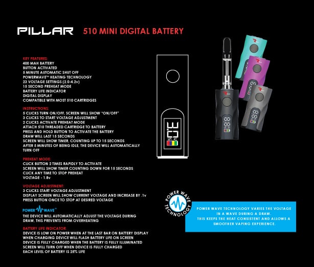 "PILLAR 510 MINI DIGITAL BATTERY" text above a black vape pen and three colorful ones.
