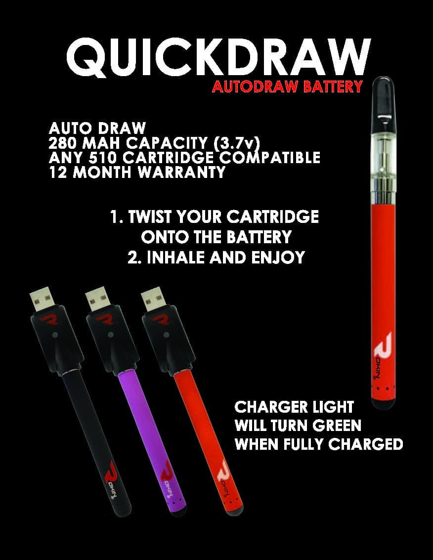 "QUICKDRAW AUTODRAW BATTERY" text with a red vape pen and three black, purple, and red USB chargers.