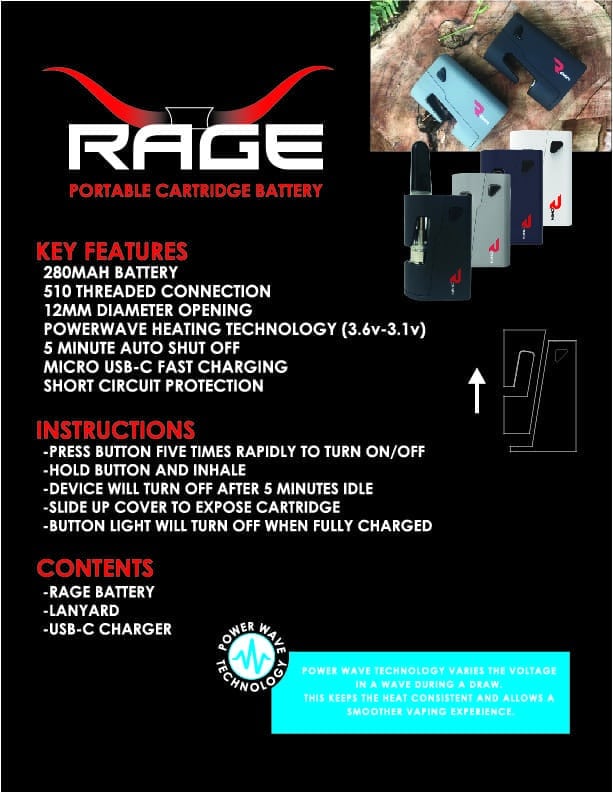 "RAGE PORTABLE CARTRIDGE BATTERY" text with red bull horns above, and images of vape devices.