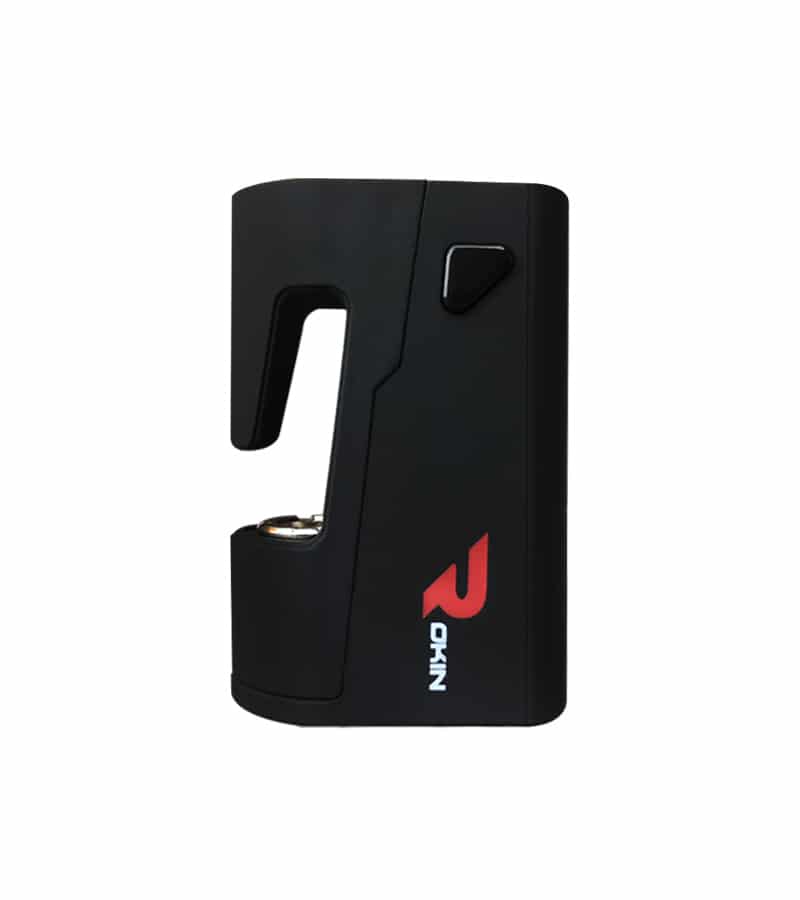 A black, rectangular vape device with a red "ROKIN" logo and a curved opening on the left side.