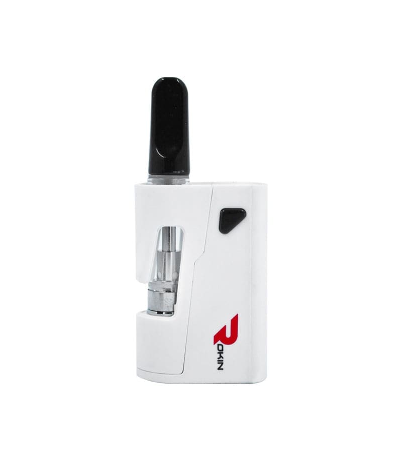 A white vape pen with a black mouthpiece and "ROKIN" in red text on the side, on a white background.