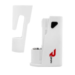 A white rectangular device with a black button and red "ROKIN" logo stands next to a detached white cover.