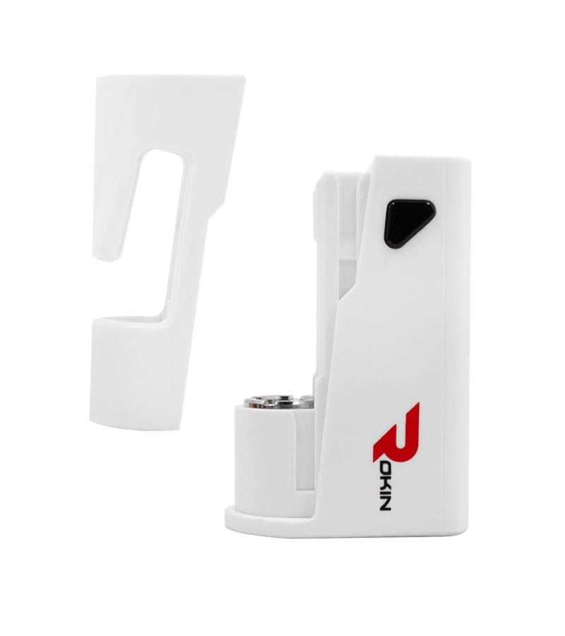 A white rectangular device with a black button and red "ROKIN" logo stands next to a detached white cover.