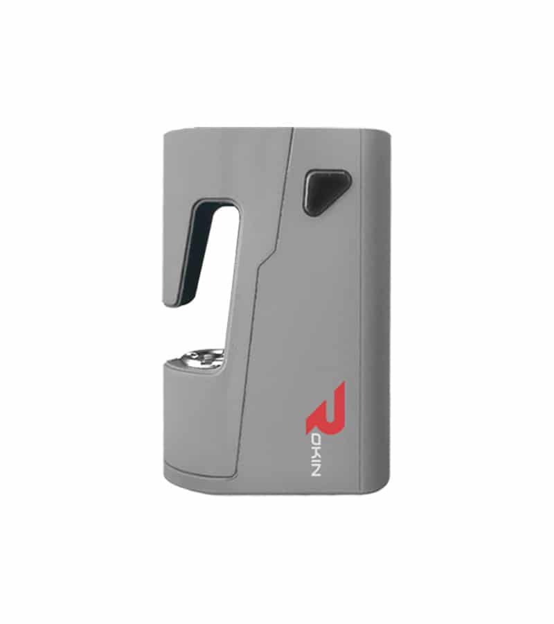 A gray device with a black triangular button and a red "ROKIN" logo on the side.