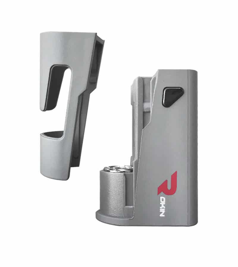 A gray plastic holster and a gray power unit with a black button and red "ROKIN" logo are shown.