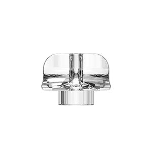 A clear, reflective glass object with a rounded top and a cylindrical base is centered on a white background.