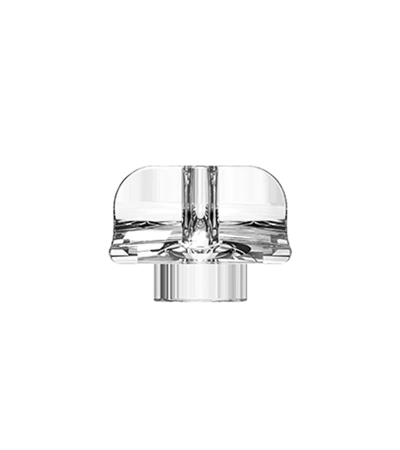 A clear, reflective glass object with a rounded top and a cylindrical base is centered on a white background.