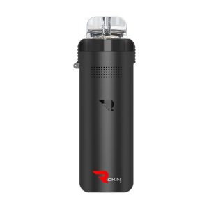 A black cylindrical vape pen with a clear mouthpiece, a small screen, and a red "ROKIN" logo.