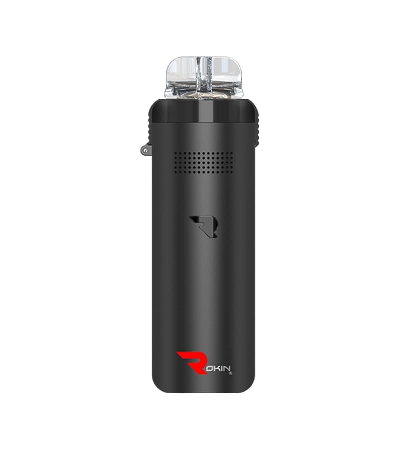 A black cylindrical vape pen with a clear mouthpiece, a small screen, and a red "ROKIN" logo.