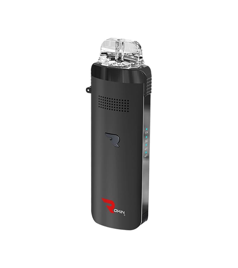 A black rectangular vaporizer with a clear mouthpiece, a small bird logo, and "ROKIN" in red text.