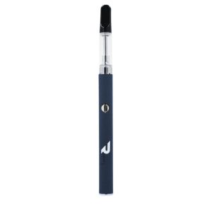 A dark blue vape pen with a clear cartridge and black mouthpiece stands vertically on a white background.