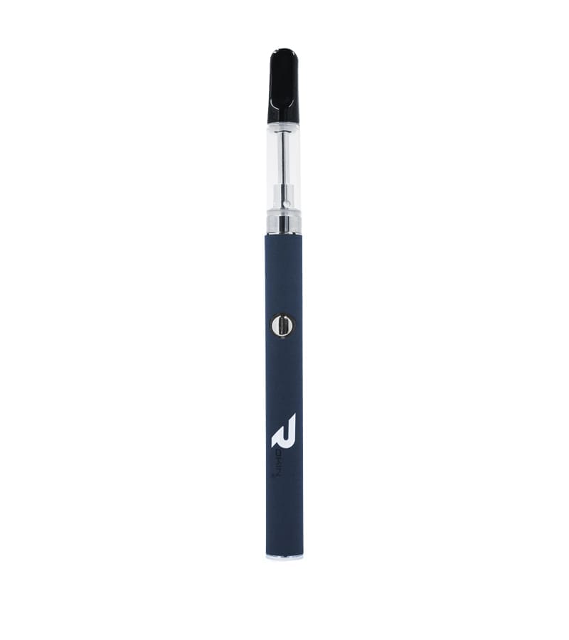 A dark blue vape pen with a clear cartridge and black mouthpiece stands vertically on a white background.