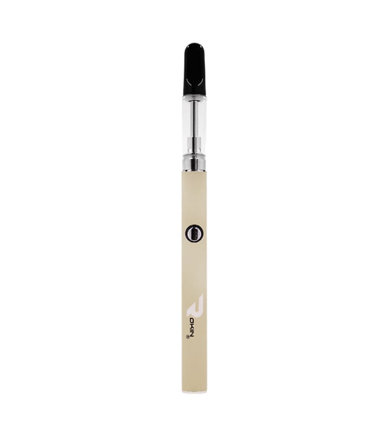 A beige vape pen with a black mouthpiece, clear tank, and "ROKIN" logo on the side.