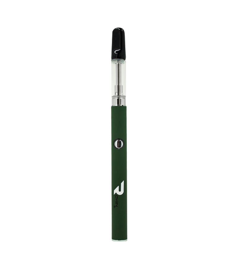 A dark green vape pen with a clear cartridge and black mouthpiece, featuring a white "R" logo and "ROKIN" text.
