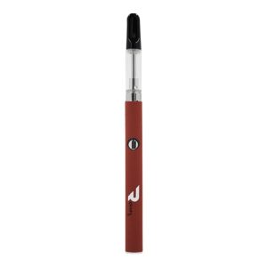 A red vape pen with a clear cartridge and black mouthpiece, featuring a power button and "ROKIN" logo.