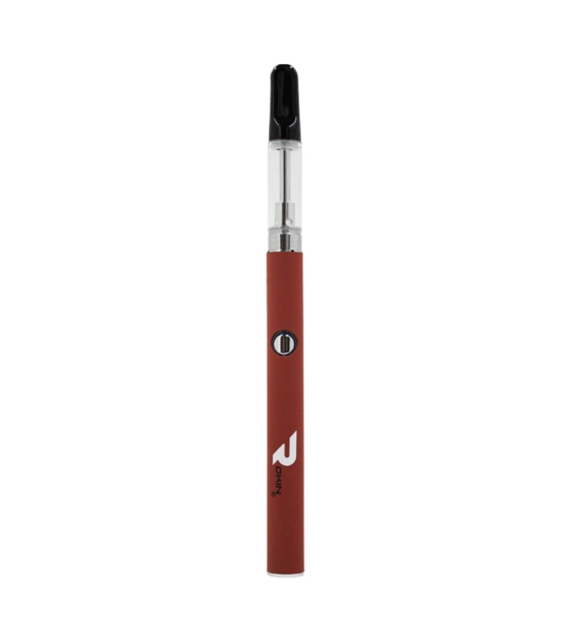 A red vape pen with a clear cartridge and black mouthpiece, featuring a power button and "ROKIN" logo.