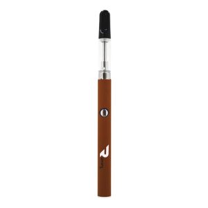 A brown vape pen with a clear cartridge and black mouthpiece stands vertically, displaying the "ROKIN" logo.