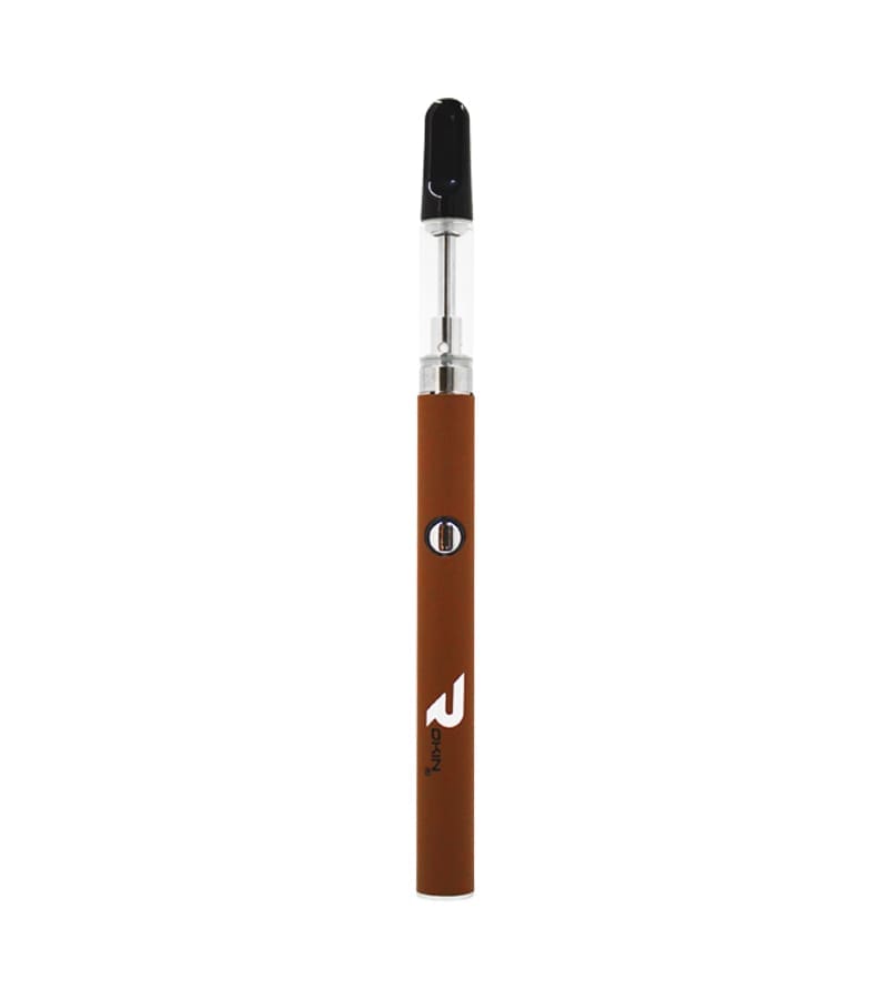 A brown vape pen with a clear cartridge and black mouthpiece stands vertically, displaying the "ROKIN" logo.