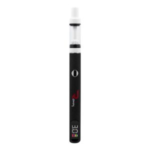 A black vape pen with a clear tank, white mouthpiece, and a screen displaying "3.0" and "OKIN."