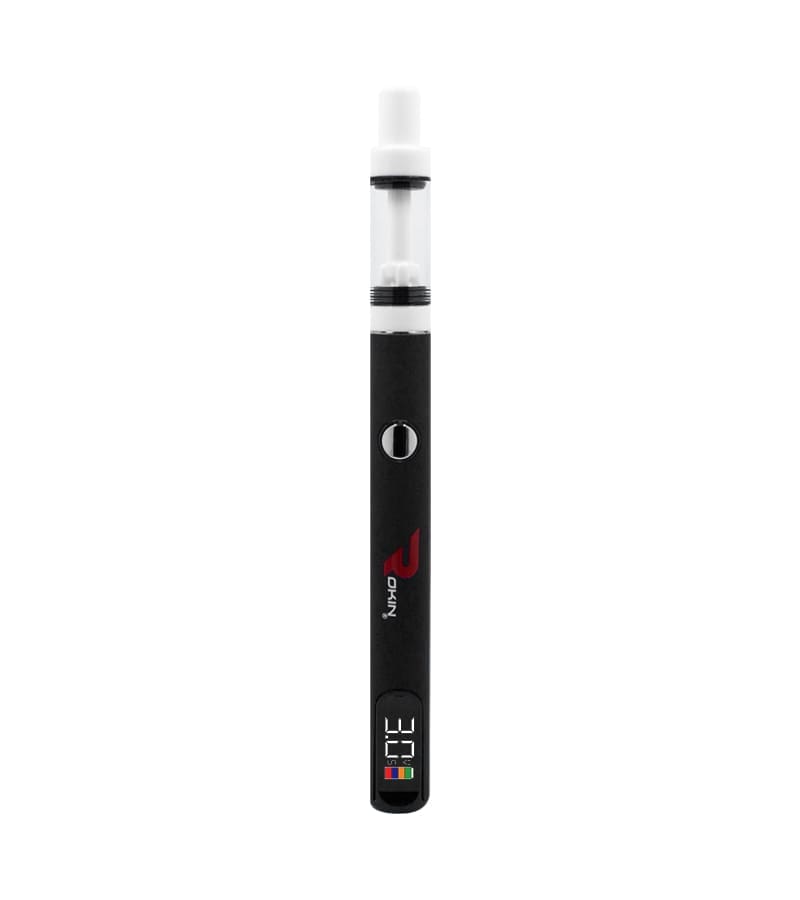 A black vape pen with a clear tank, white mouthpiece, and a screen displaying "3.0" and "OKIN."