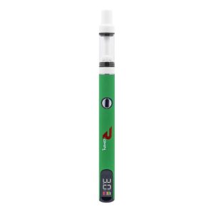 A green vape pen with a clear tank, "ROKIN" logo, and a digital display showing "3.0V".