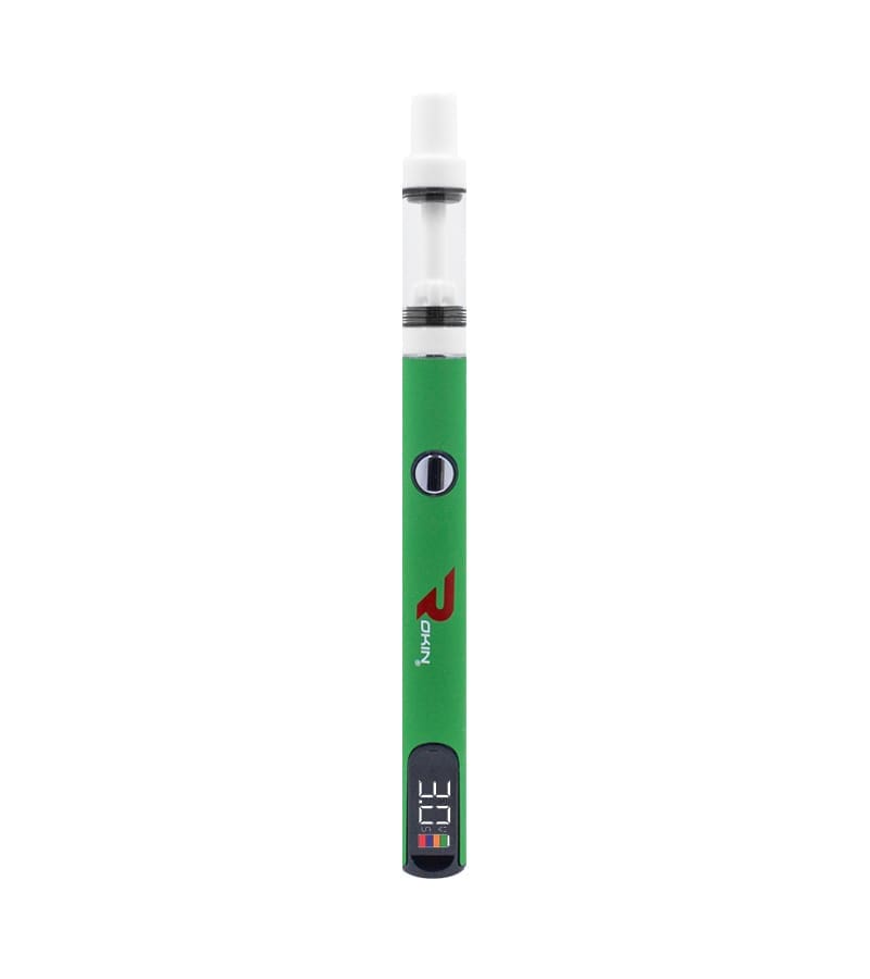 A green vape pen with a clear tank, "ROKIN" logo, and a digital display showing "3.0V".