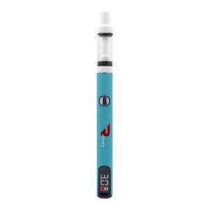 A turquoise vape pen with a clear tank, a black button, a red "Rokin" logo, and a "3.0V" display.