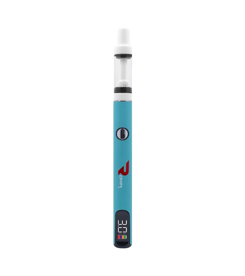 A turquoise vape pen with a clear tank, a black button, a red "Rokin" logo, and a "3.0V" display.