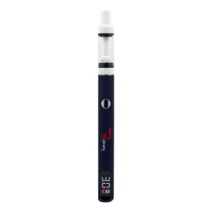 A dark blue vape pen with "OKIN" and a red logo, "3.0" on a digital display, and a clear tank.