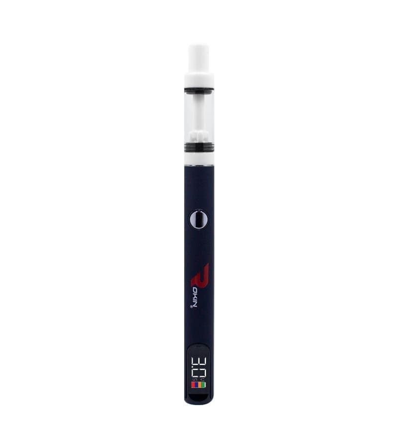 A dark blue vape pen with "OKIN" and a red logo, "3.0" on a digital display, and a clear tank.
