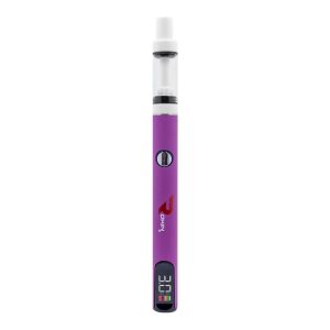 A purple vape pen with a clear tank, white mouthpiece, and a screen displaying "3.0V".