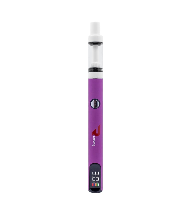 A purple vape pen with a clear tank, white mouthpiece, and a screen displaying "3.0V".