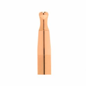 A rose gold, reflective, cylindrical object with a heart-shaped top stands vertically against a white background.