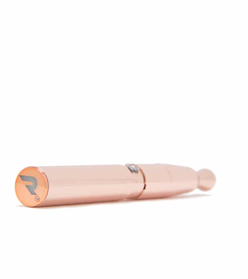 A rose gold, cylindrical device with a "R" logo on one end and a small ball on the other.