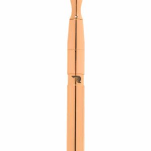 A shiny rose gold vape pen with a small, dark "R" logo on the side is centered on a white background.