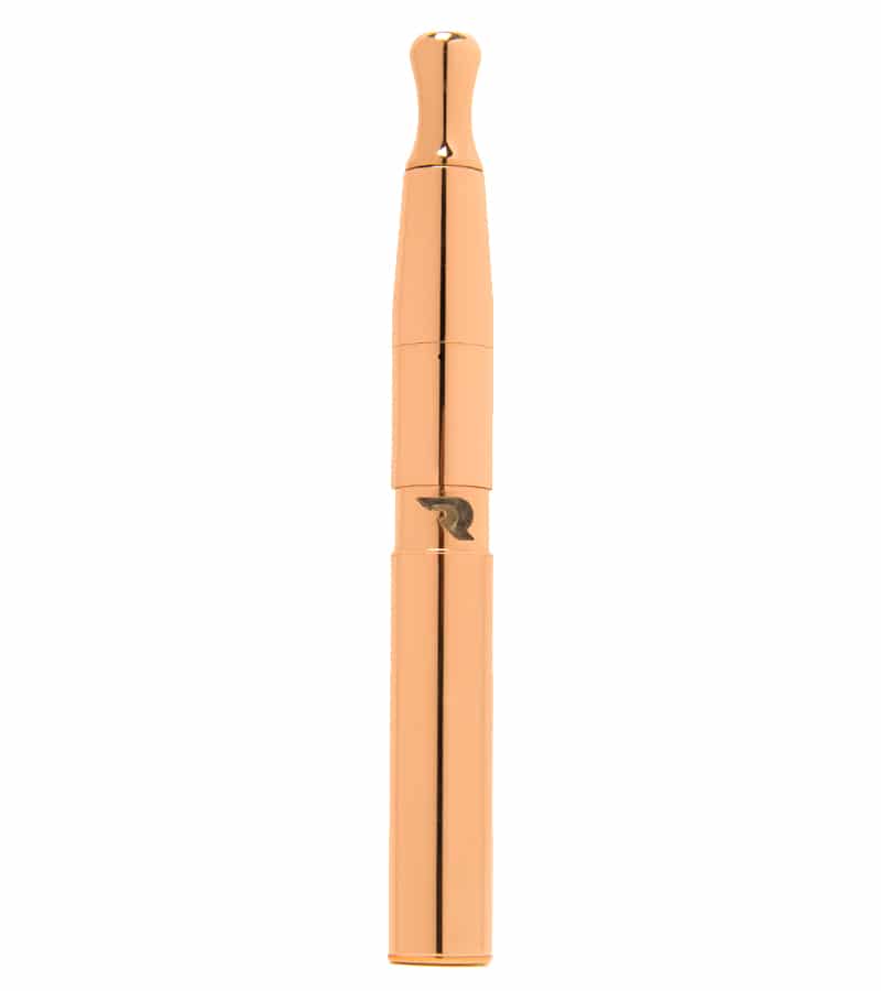 A shiny rose gold vape pen with a small, dark "R" logo on the side is centered on a white background.
