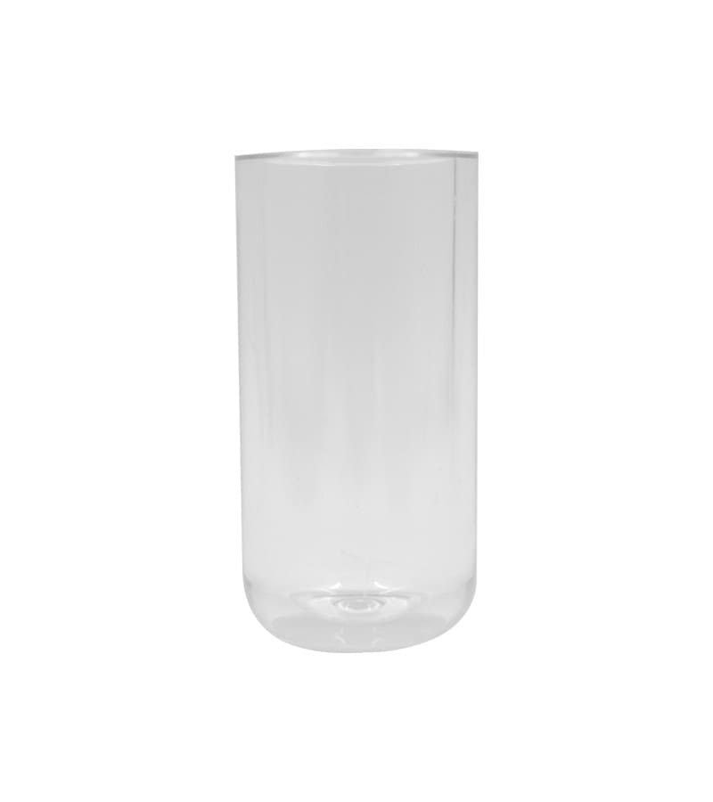 A clear, cylindrical glass with a slightly rounded bottom and a subtle reflection of light on its surface.