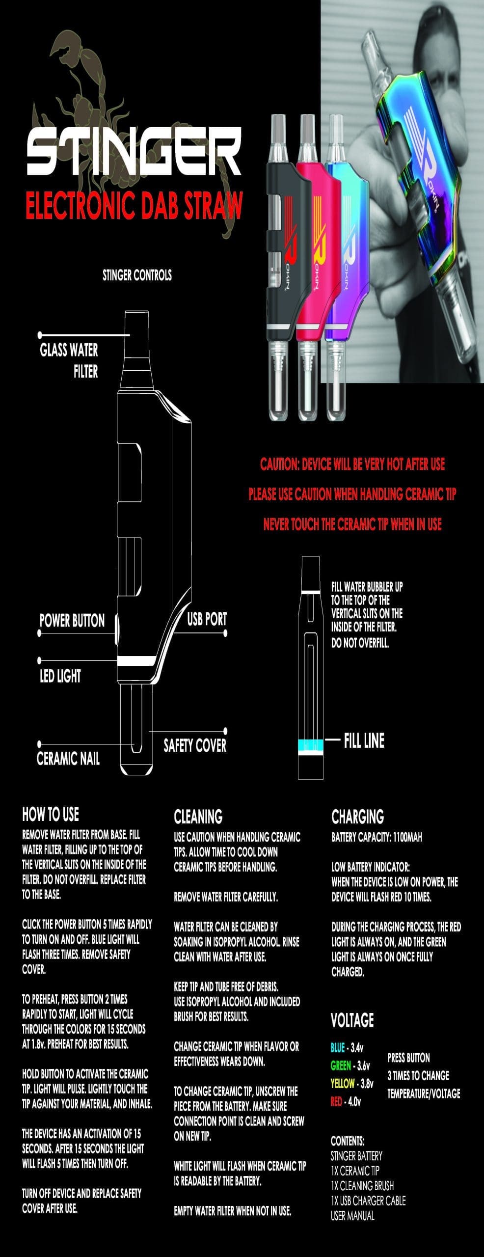 "STINGER ELECTRONIC DAB STRAW" on a black background with product details and four colorful dab straws.