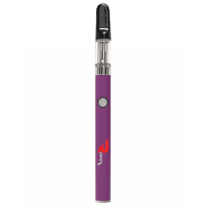 A purple vape pen with a clear cartridge, black mouthpiece, silver button, and red "OKIN" logo.