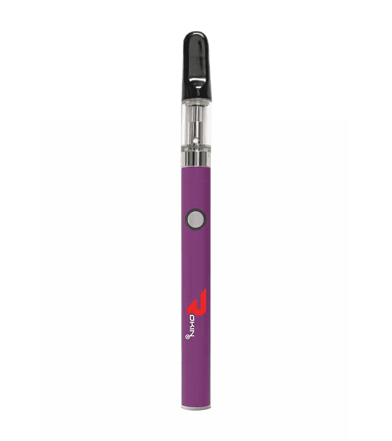 A purple vape pen with a clear cartridge, black mouthpiece, silver button, and red "OKIN" logo.