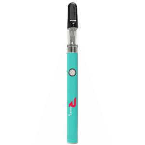 A turquoise vape pen with a black mouthpiece, a clear tank, a white button, and "OKING" in red text.