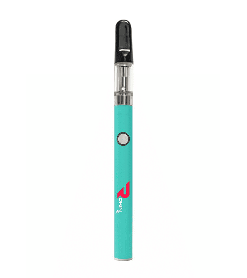 A turquoise vape pen with a black mouthpiece, a clear tank, a white button, and "OKING" in red text.