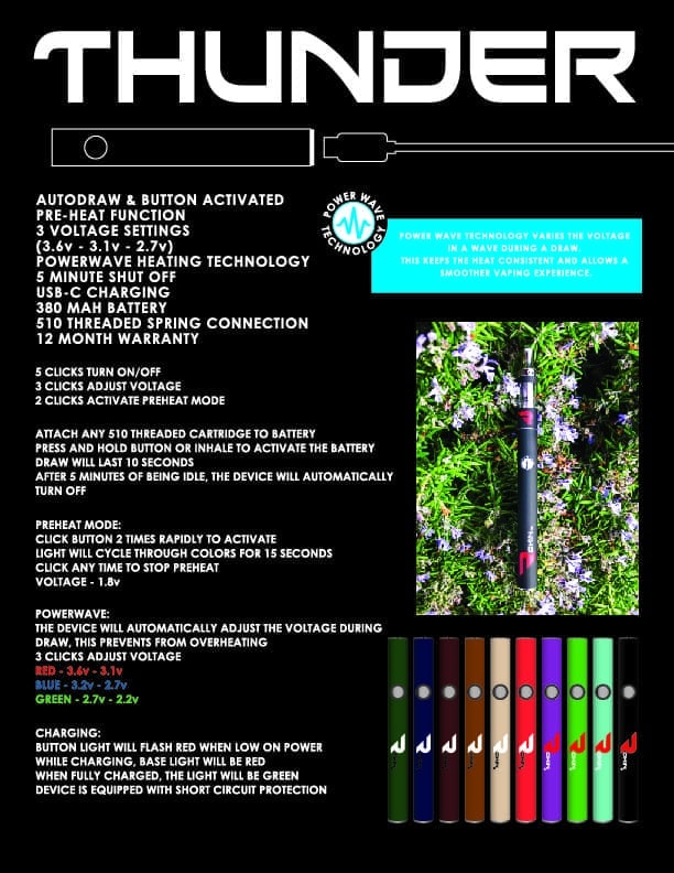 A black poster with white text "THUNDER" and product details, featuring a vape pen and a row of colorful vape pens.