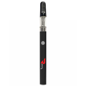 A black vape pen with a clear cartridge and a gray button, featuring a red "ROKIN" logo.