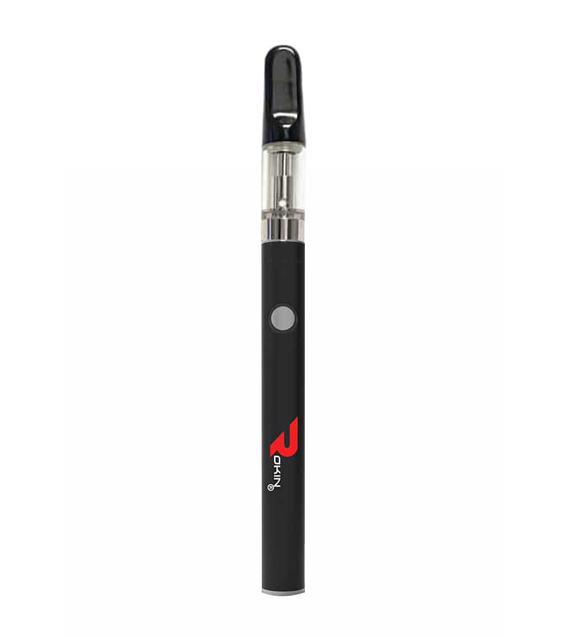 A black vape pen with a clear cartridge and a gray button, featuring a red "ROKIN" logo.