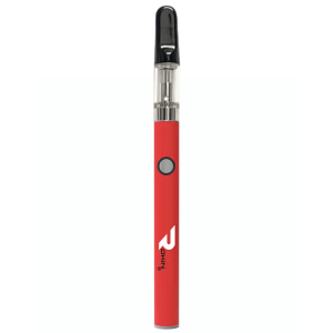 A red vape pen with a clear cartridge, black mouthpiece, gray button, and "ROKIN" logo.